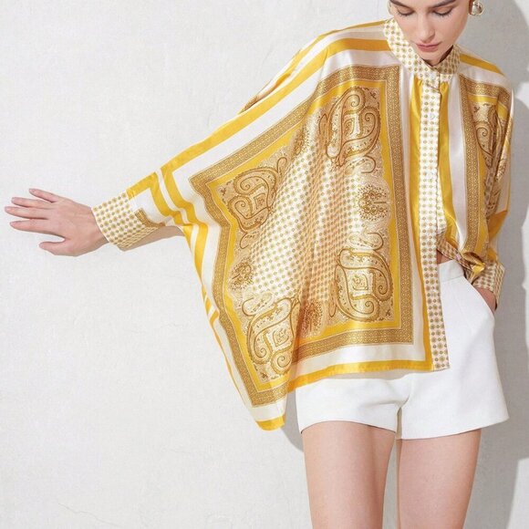 Yellow Women's Casual Color Block Print Design Long Sleeve Loose Fit Blouse - Picture 5 of 6